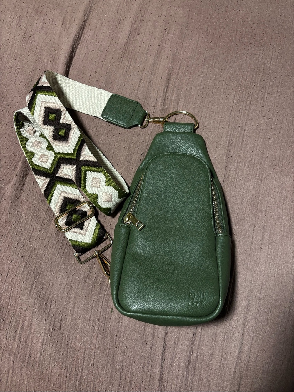 Green Crossbody Sling Bag with Patterned Strap